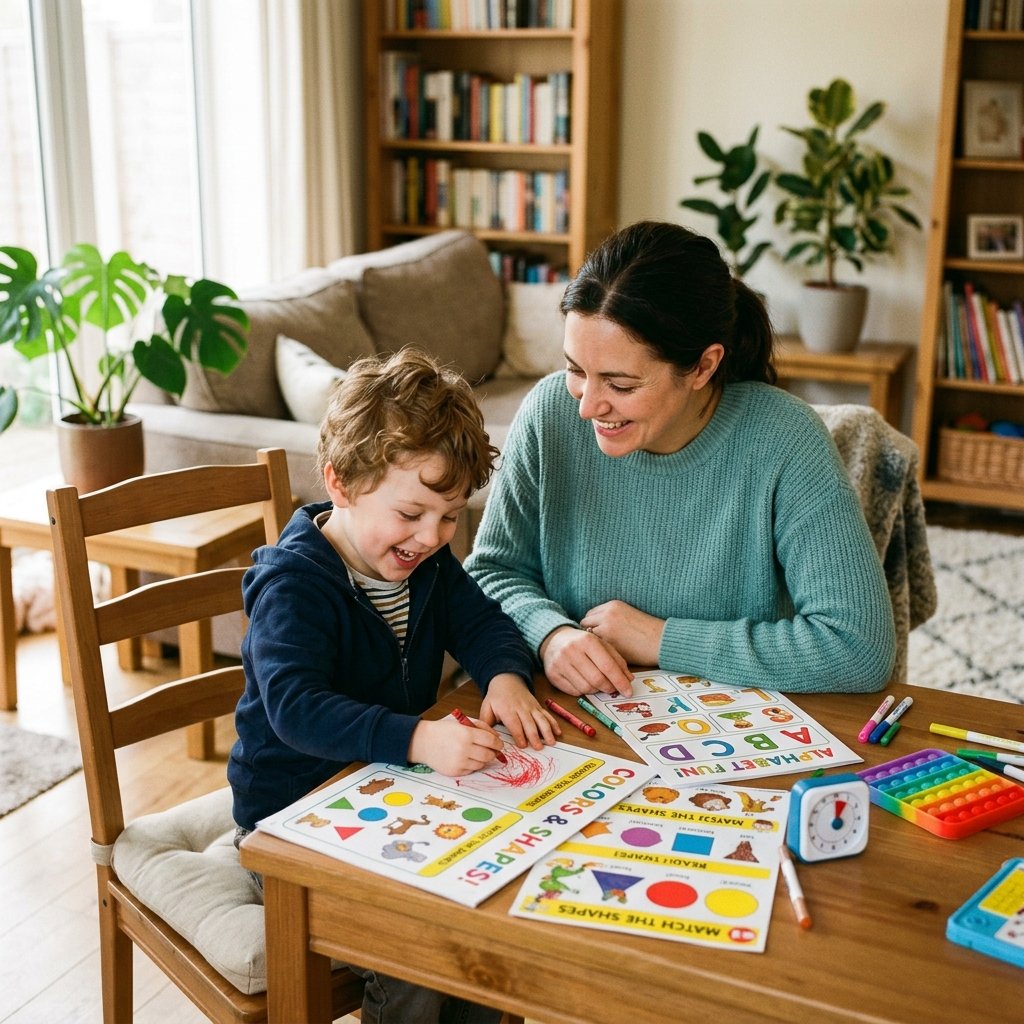 Mãe e filho estudando de forma inclusiva